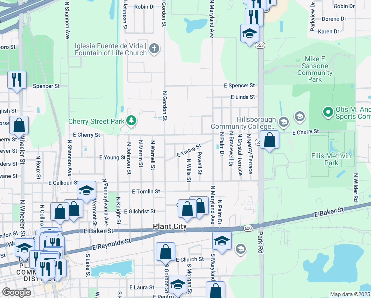 map of restaurants, bars, coffee shops, grocery stores, and more near 1402 East Young Street in Plant City