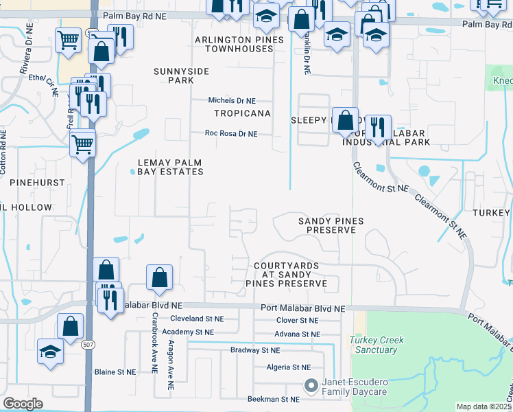 map of restaurants, bars, coffee shops, grocery stores, and more near 1117 Goldenrod Circle Northeast in Palm Bay