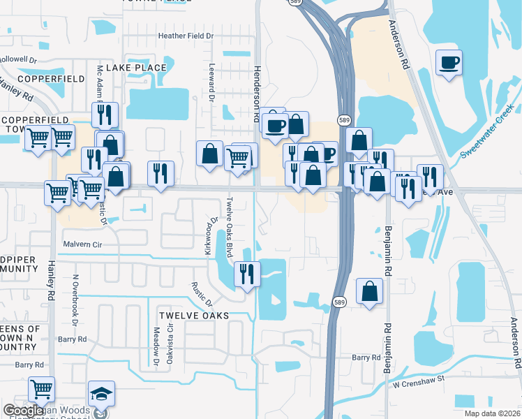 map of restaurants, bars, coffee shops, grocery stores, and more near 8122 Oak Trace Way in Tampa