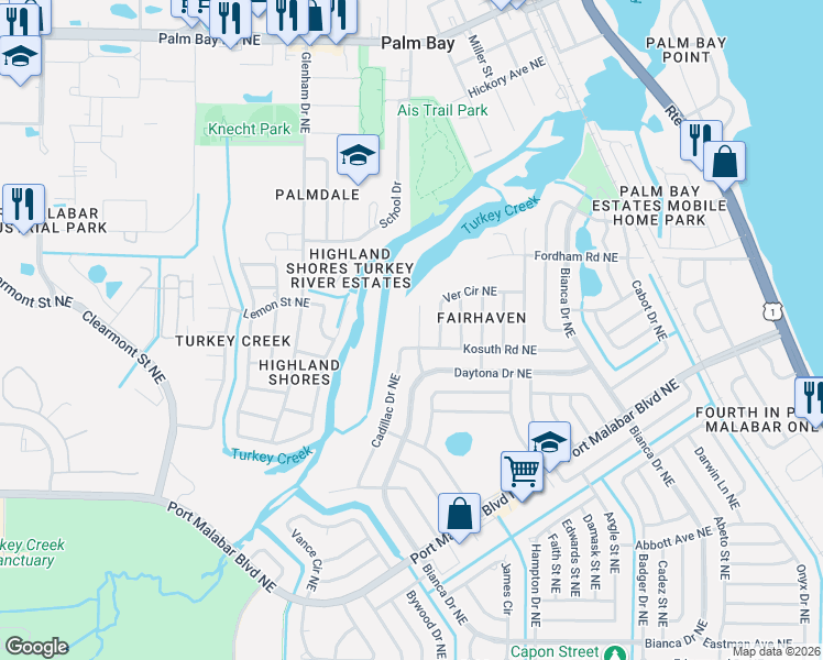 map of restaurants, bars, coffee shops, grocery stores, and more near 1134 Hulda Street Northeast in Palm Bay