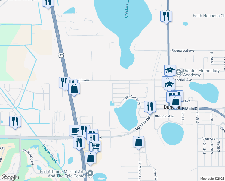 map of restaurants, bars, coffee shops, grocery stores, and more near 172-298 Juniper Dr W in Dundee