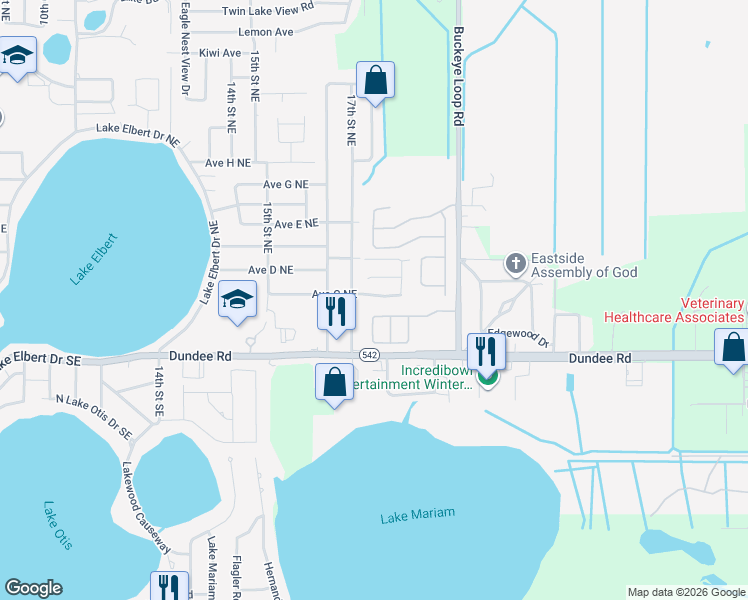 map of restaurants, bars, coffee shops, grocery stores, and more near 1734 Avenue C Northeast in Winter Haven