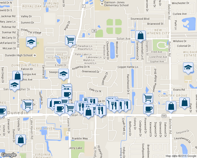 map of restaurants, bars, coffee shops, grocery stores, and more near 1627 Amberglen Drive in Dunedin
