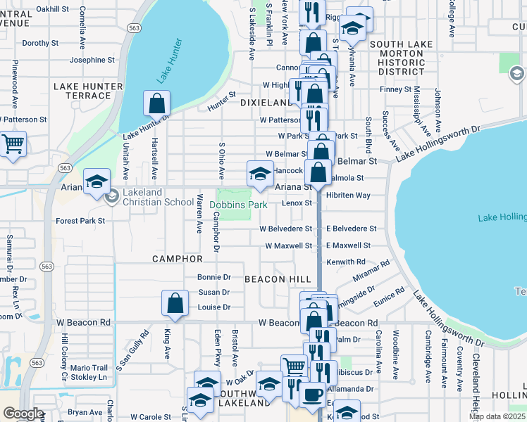 map of restaurants, bars, coffee shops, grocery stores, and more near 1508 South Dakota Avenue in Lakeland