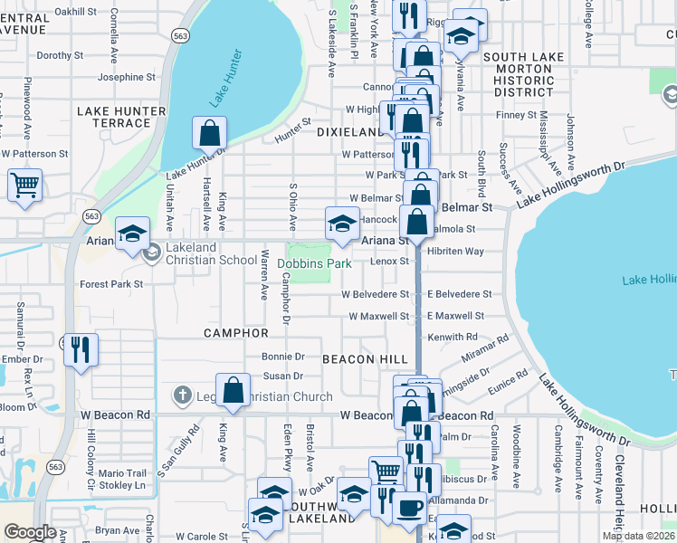 map of restaurants, bars, coffee shops, grocery stores, and more near 1511 South Dakota Avenue in Lakeland