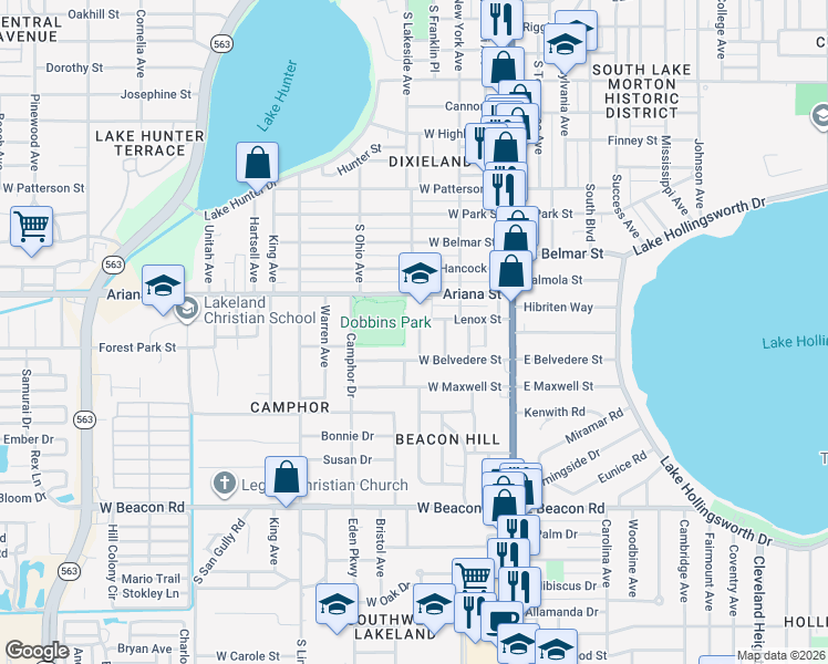 map of restaurants, bars, coffee shops, grocery stores, and more near 1511 South Dakota Avenue in Lakeland