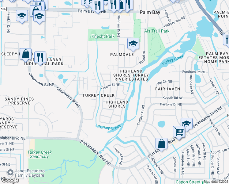map of restaurants, bars, coffee shops, grocery stores, and more near 1116 Glenham Drive Northeast in Palm Bay