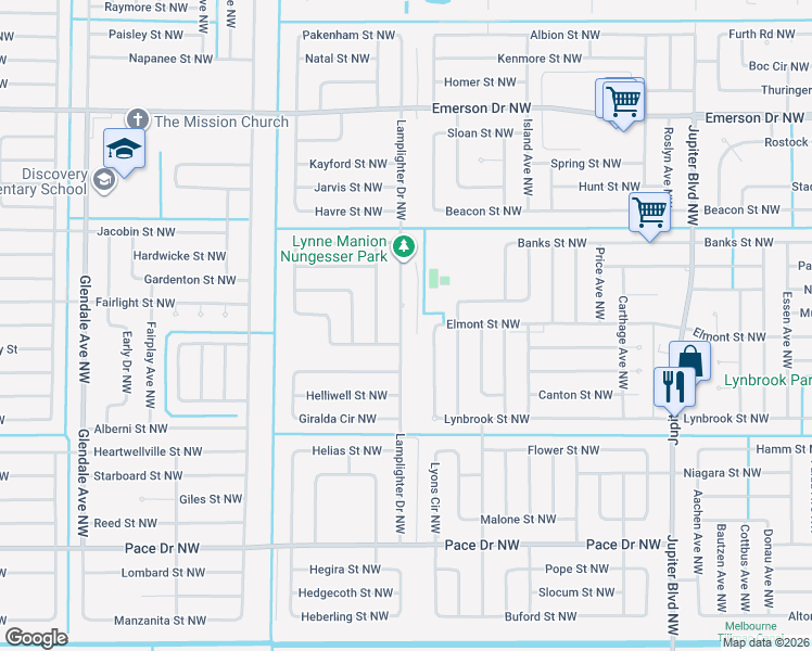 map of restaurants, bars, coffee shops, grocery stores, and more near 1071 Lamplighter Drive Northwest in Palm Bay