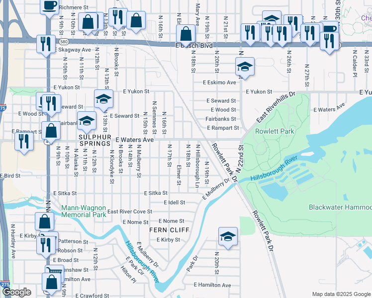 map of restaurants, bars, coffee shops, grocery stores, and more near 8308 North Elmer Street in Tampa