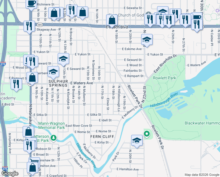 map of restaurants, bars, coffee shops, grocery stores, and more near 8308 North Elmer Street in Tampa