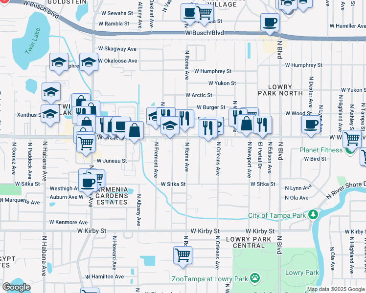 map of restaurants, bars, coffee shops, grocery stores, and more near 8319 North Rome Avenue in Tampa