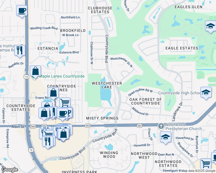 map of restaurants, bars, coffee shops, grocery stores, and more near 2818 Countryside Boulevard in Clearwater