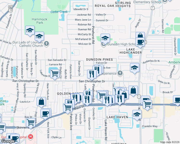 map of restaurants, bars, coffee shops, grocery stores, and more near 998 Santa Monica Court in Dunedin