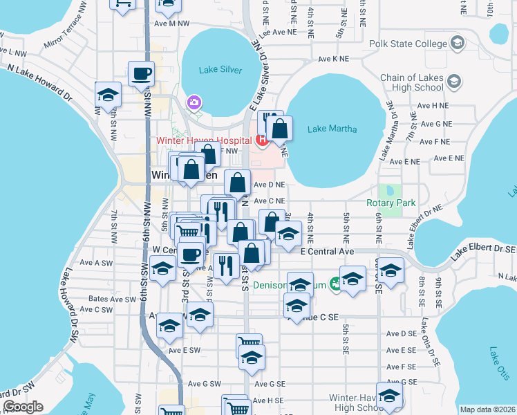map of restaurants, bars, coffee shops, grocery stores, and more near 122 Avenue C Northwest in Winter Haven