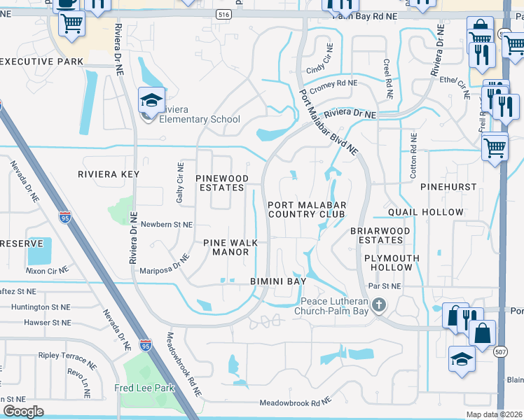 map of restaurants, bars, coffee shops, grocery stores, and more near 1161 Riviera Drive Northeast in Palm Bay
