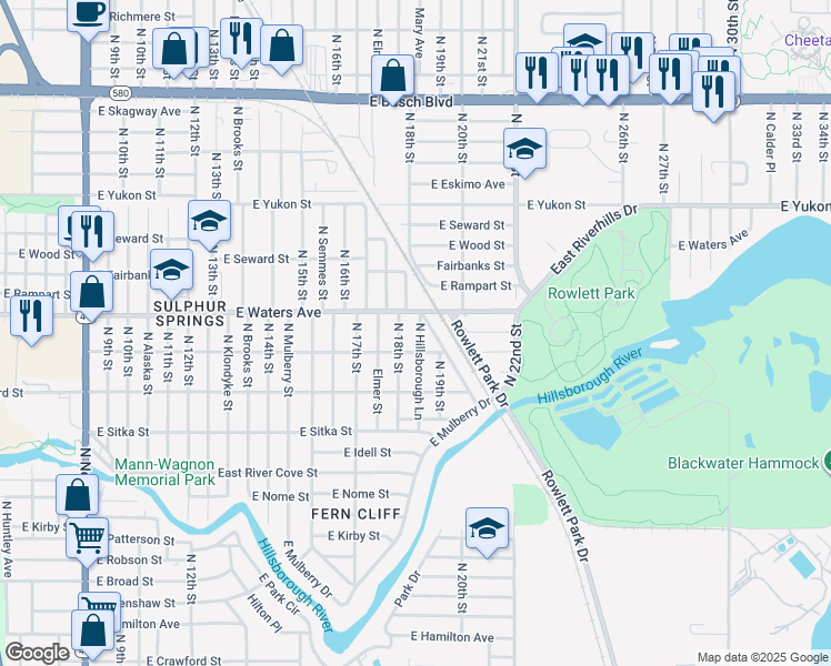 map of restaurants, bars, coffee shops, grocery stores, and more near 8310 North Hillsborough Lane in Tampa
