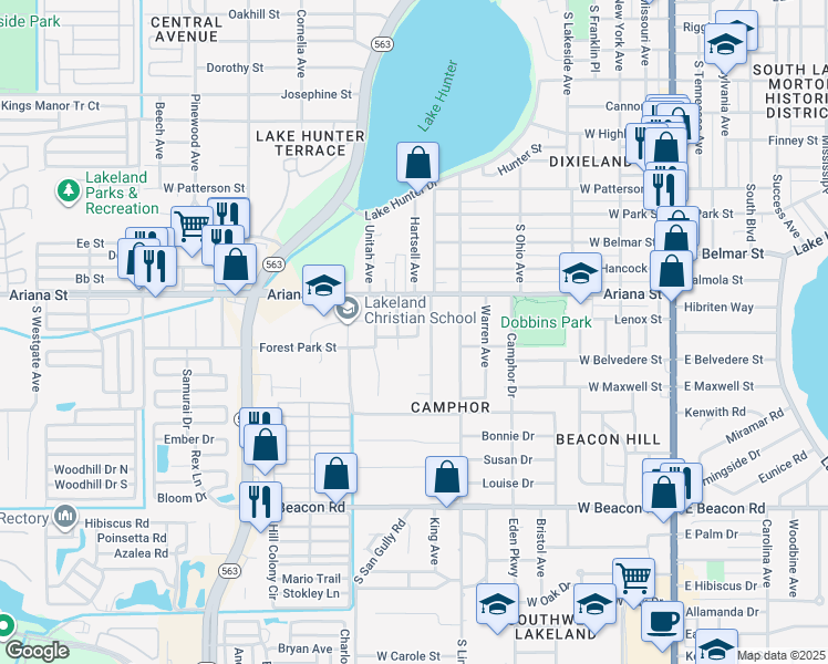 map of restaurants, bars, coffee shops, grocery stores, and more near 909 Marietta Street in Lakeland