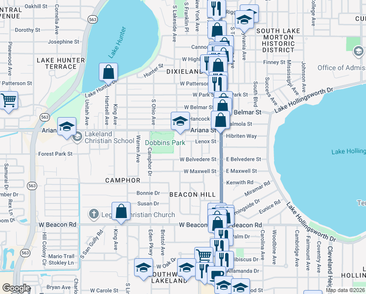 map of restaurants, bars, coffee shops, grocery stores, and more near 1515 New York Avenue in Lakeland