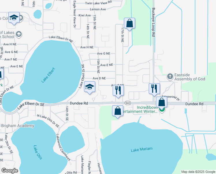 map of restaurants, bars, coffee shops, grocery stores, and more near 1540 Avenue C Northeast in Winter Haven
