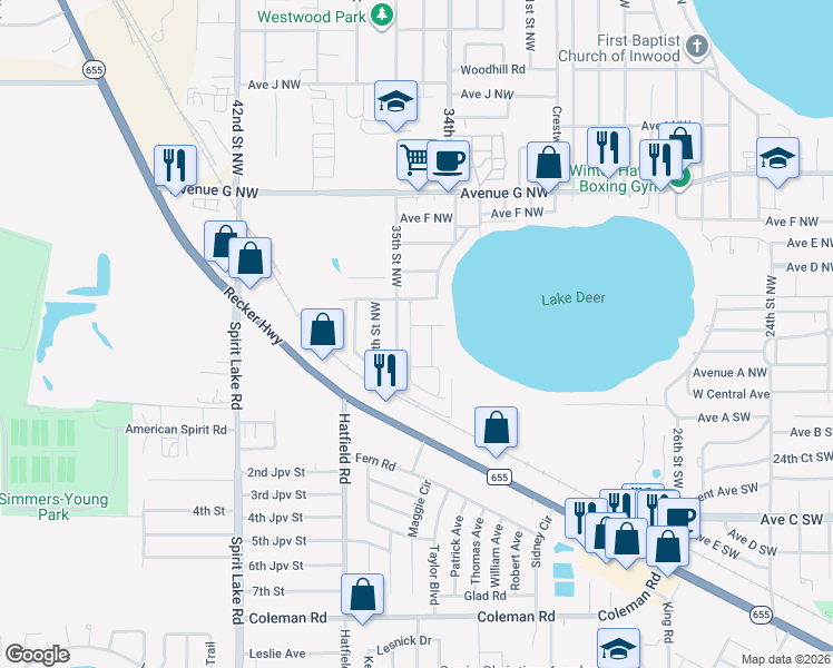 map of restaurants, bars, coffee shops, grocery stores, and more near 186 35th Street Northwest in Winter Haven