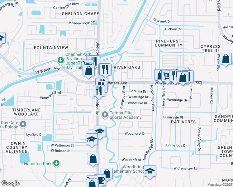 map of restaurants, bars, coffee shops, grocery stores, and more near 8314 Woodlake Place in Tampa