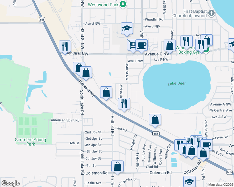 map of restaurants, bars, coffee shops, grocery stores, and more near 235 36th Street Northwest in Winter Haven