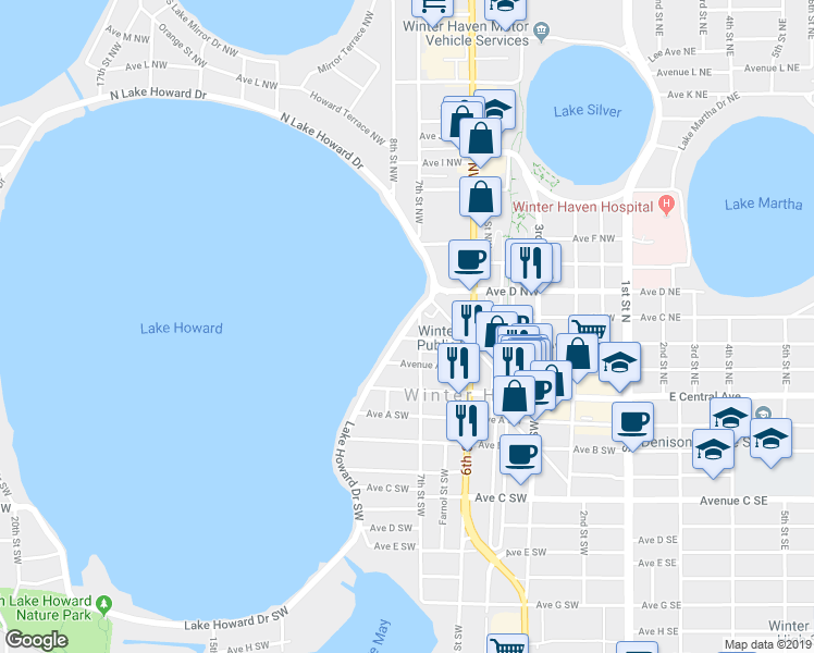 map of restaurants, bars, coffee shops, grocery stores, and more near 350 East Lake Howard Drive in Winter Haven