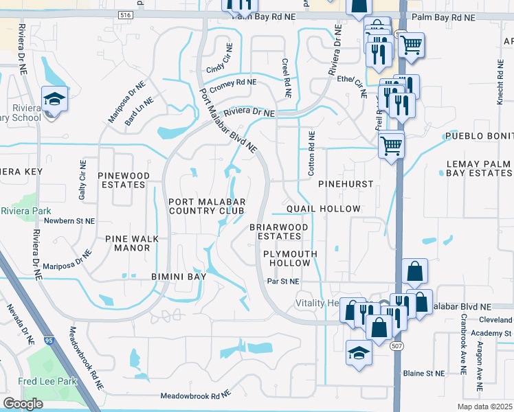 map of restaurants, bars, coffee shops, grocery stores, and more near 550 Port Malabar Boulevard Northeast in Palm Bay