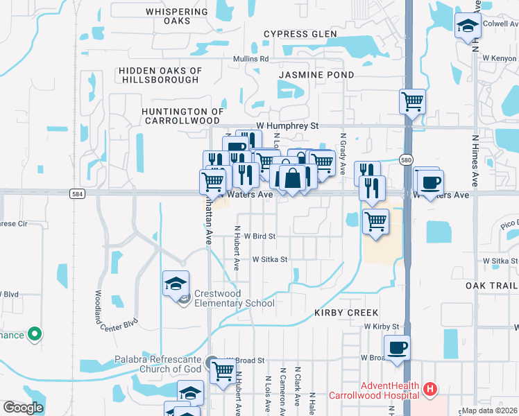 map of restaurants, bars, coffee shops, grocery stores, and more near 8302 North Lois Avenue in Tampa