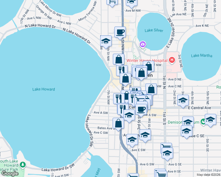 map of restaurants, bars, coffee shops, grocery stores, and more near 302 7th Street Northwest in Winter Haven