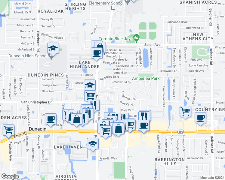 map of restaurants, bars, coffee shops, grocery stores, and more near 1585 Amberlea Drive South in Dunedin