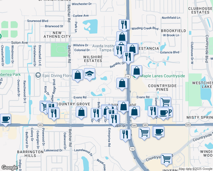 map of restaurants, bars, coffee shops, grocery stores, and more near 2293 Cumberland Circle in Clearwater