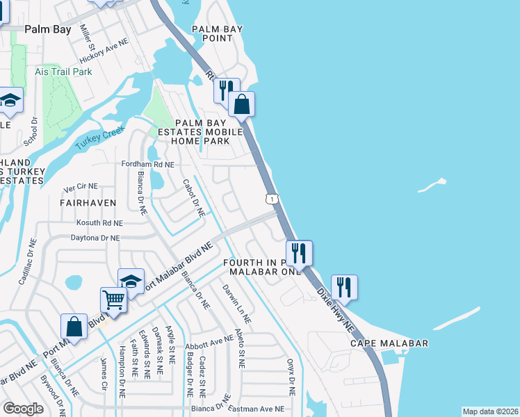 map of restaurants, bars, coffee shops, grocery stores, and more near 4650 Dixie Highway Northeast in Palm Bay