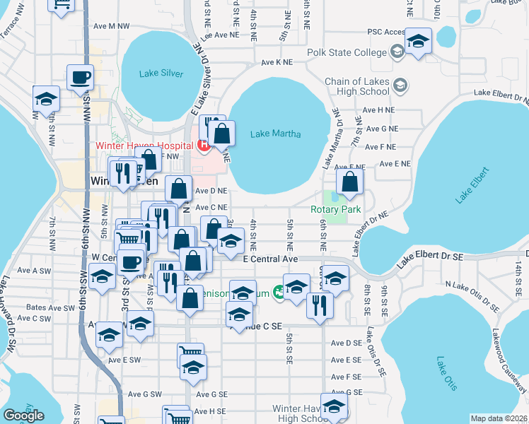 map of restaurants, bars, coffee shops, grocery stores, and more near 434 Avenue C Northeast in Winter Haven