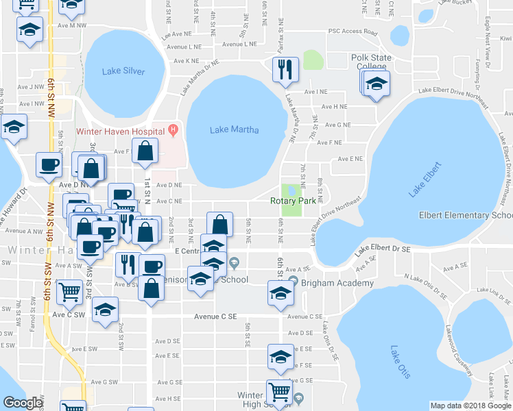 map of restaurants, bars, coffee shops, grocery stores, and more near 513 Avenue B Northeast in Winter Haven