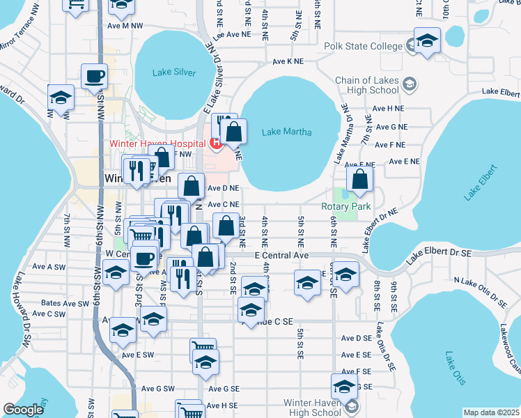map of restaurants, bars, coffee shops, grocery stores, and more near 225 Bishop James Cochran Way in Winter Haven