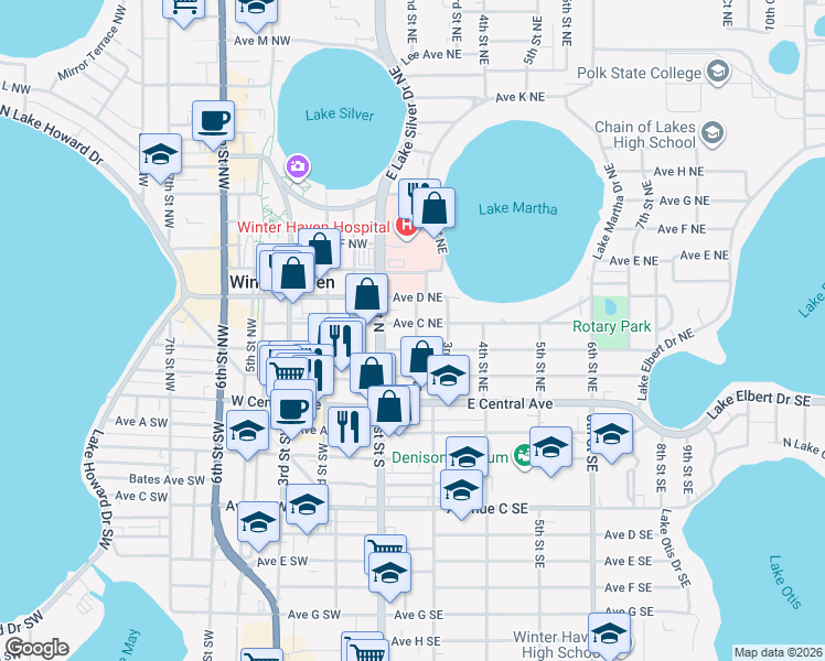 map of restaurants, bars, coffee shops, grocery stores, and more near 122 Avenue C Northwest in Winter Haven