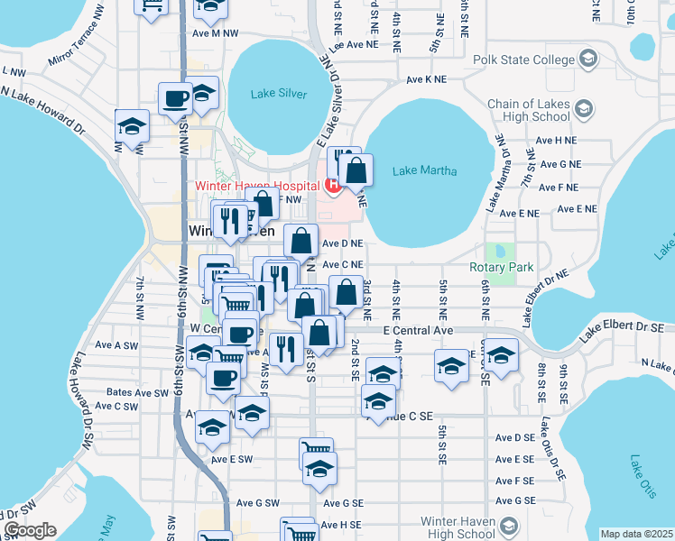 map of restaurants, bars, coffee shops, grocery stores, and more near 122 Avenue C Northwest in Winter Haven