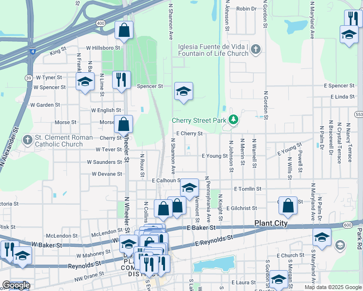map of restaurants, bars, coffee shops, grocery stores, and more near 1105 McDavid Avenue in Plant City