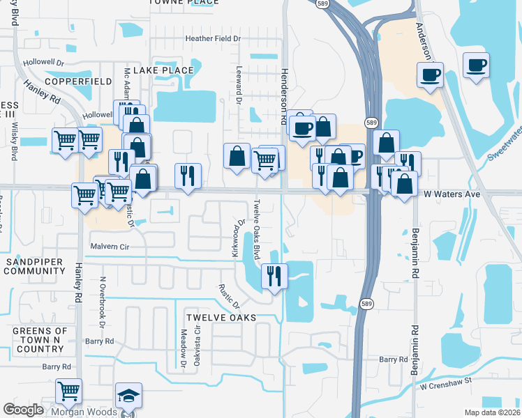 map of restaurants, bars, coffee shops, grocery stores, and more near 6414 Windwood Court in Tampa