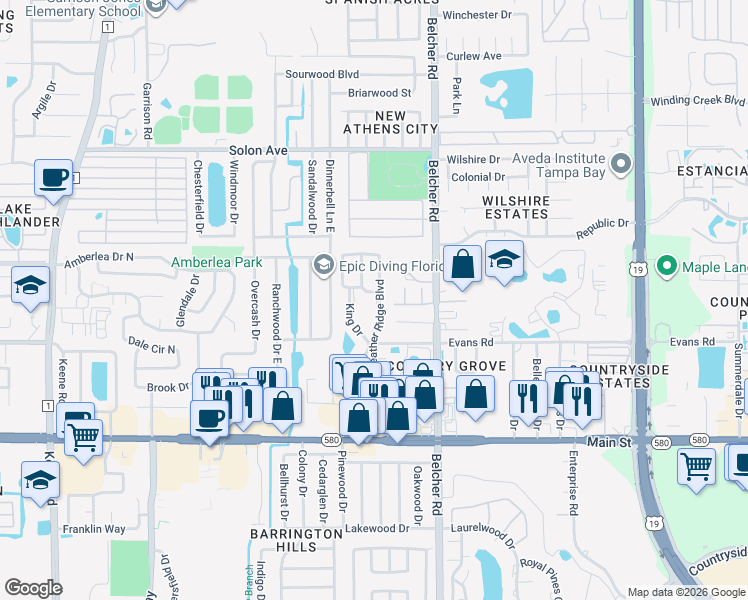map of restaurants, bars, coffee shops, grocery stores, and more near 1501 Heather Ridge Boulevard in Dunedin