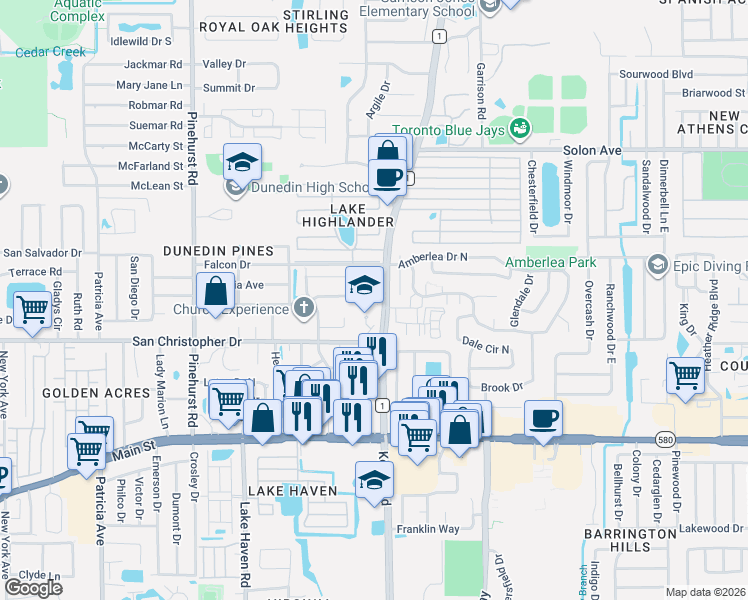 map of restaurants, bars, coffee shops, grocery stores, and more near 1513 Ohio Avenue in Dunedin