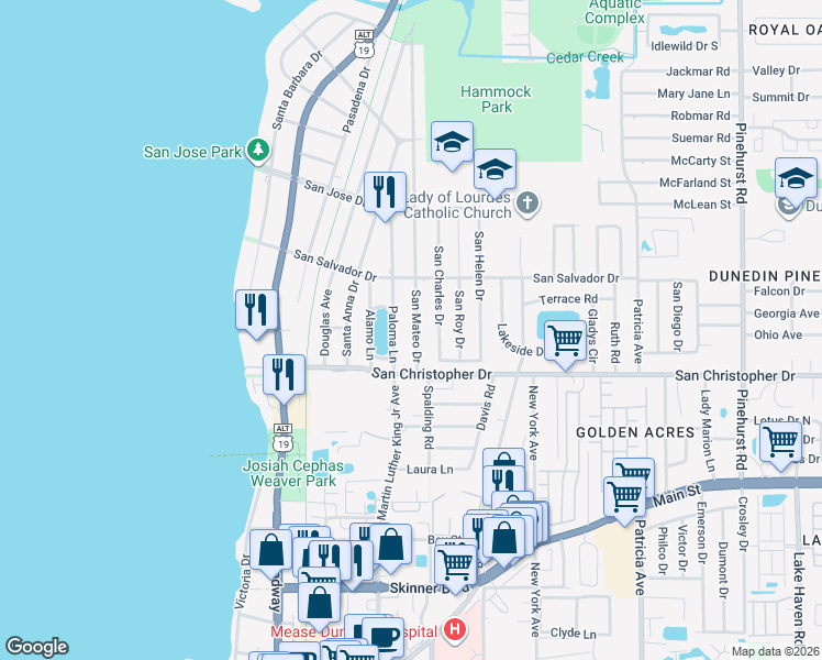map of restaurants, bars, coffee shops, grocery stores, and more near 1443 Paloma Lane in Dunedin