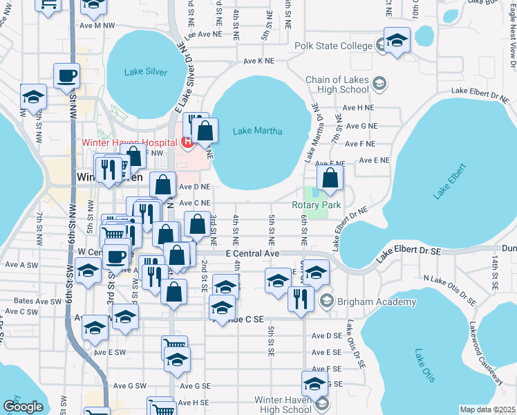 map of restaurants, bars, coffee shops, grocery stores, and more near 434 Avenue C Northeast in Winter Haven
