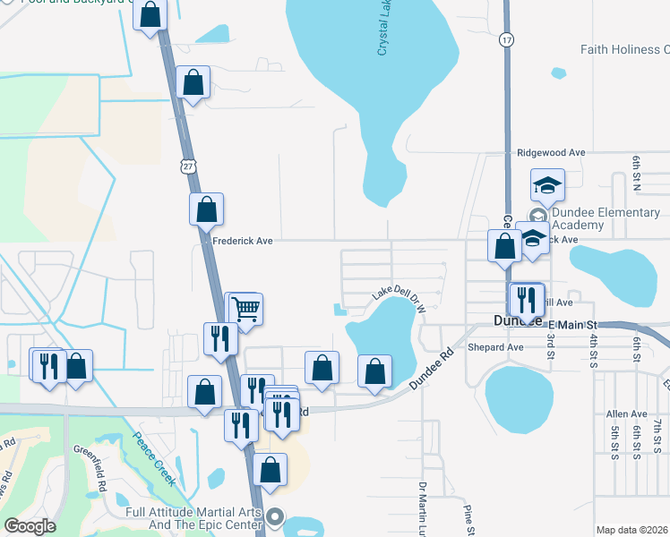 map of restaurants, bars, coffee shops, grocery stores, and more near Green Haven Lane West in Dundee
