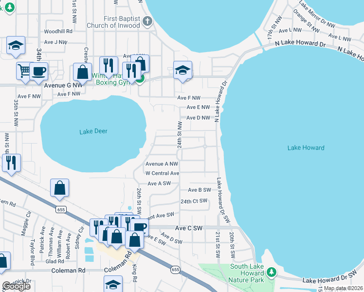 map of restaurants, bars, coffee shops, grocery stores, and more near 2237 Avenue B Northwest in Winter Haven