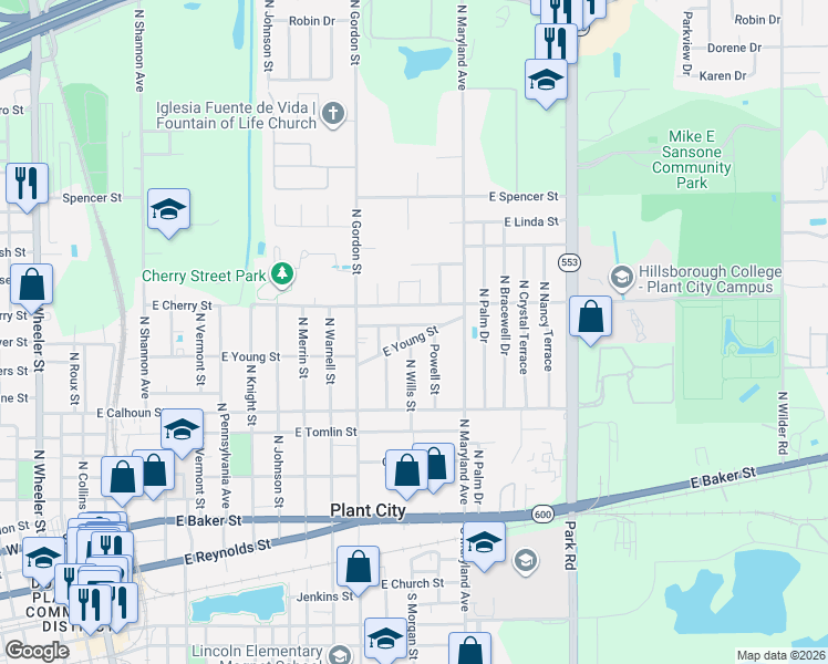 map of restaurants, bars, coffee shops, grocery stores, and more near 1402 East Young Street in Plant City