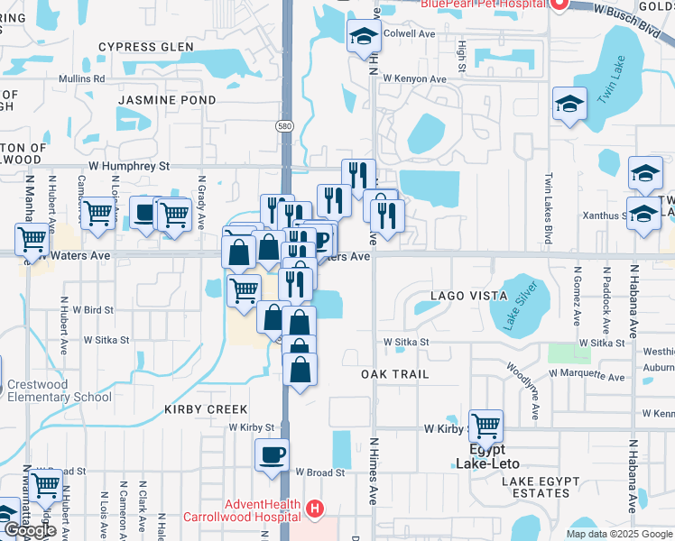 map of restaurants, bars, coffee shops, grocery stores, and more near 3706 W Waters Ave in Tampa