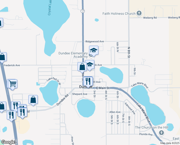 map of restaurants, bars, coffee shops, grocery stores, and more near 213 Lake Avenue in Dundee