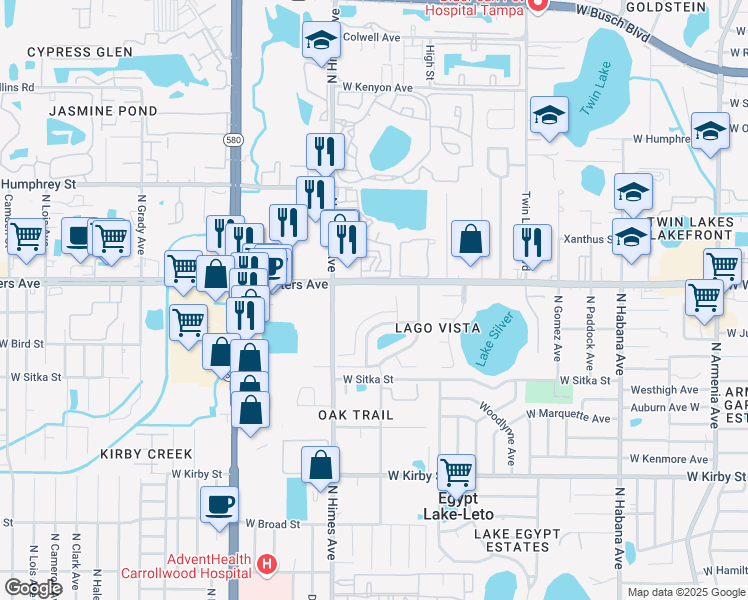 map of restaurants, bars, coffee shops, grocery stores, and more near 3520 West Waters Avenue in Tampa